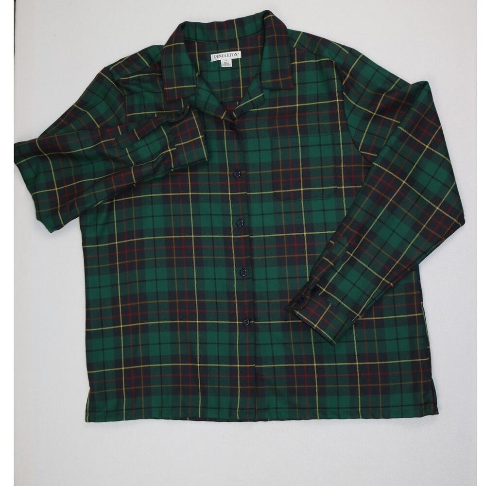 Vintage Pendleton Women XL Plaid Virgin Wool Long Sleeve Button Shirt Green Red